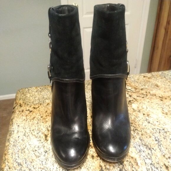 Michael Kors Signature Black Leather Ankle Suede Fulton Harness Boots Sz 10 M - Picture 5 of 13